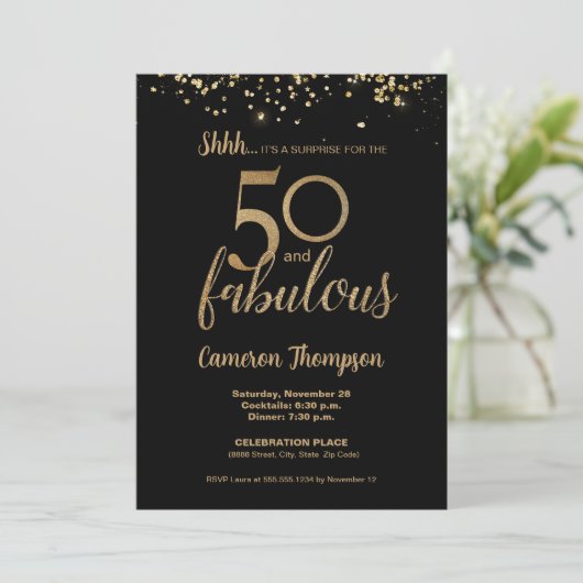 Black Gold Confetti Surprise 50 and fabulous Kaart (Staand voorkant)