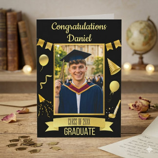 Black & Gold Congrats Graduation Card With Photo  Kaart