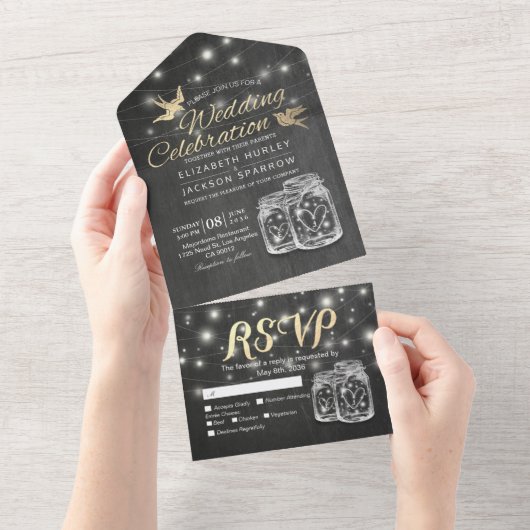 Black Gold Couple Mason Jars String Lights Wedding All In One Uitnodiging (Afscheurbaar)