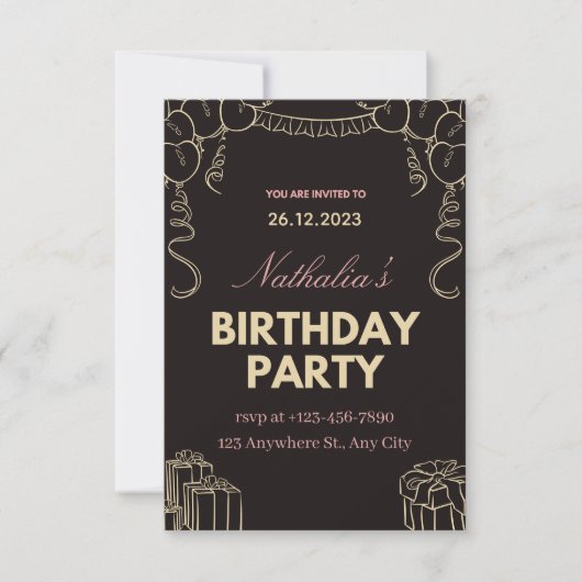 Black Gold Creative Birthday Party Invitation (Devant)
