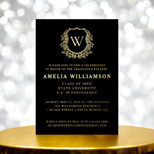 Black Gold Crest Monogram Afstudeerfeest Folie Uitnodiging