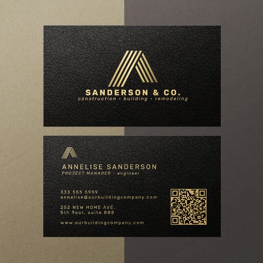 Black gold custom logo QR building construction Visitekaartje