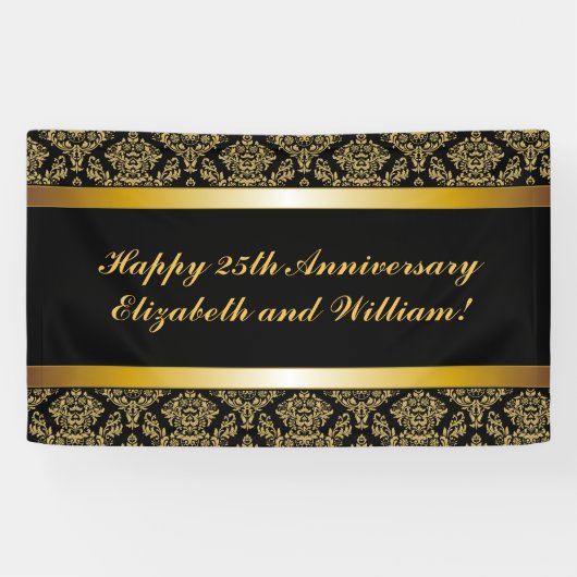 Black Gold Damask Bonne bannière Anniversaire (Horizontal)