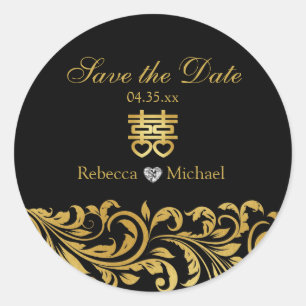 Black & Gold Damask, Chinees dubbel geluk Ronde Sticker
