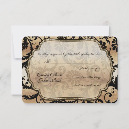 Black & Gold Damask Éperles de mariage RSVP (Devant)