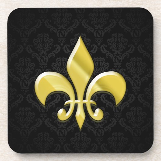 Black/Gold Damask Fleur de Lis Bier Onderzetter (Voorkant)