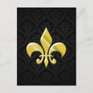 Black/Gold Damask Fleur de Lis Briefkaart
