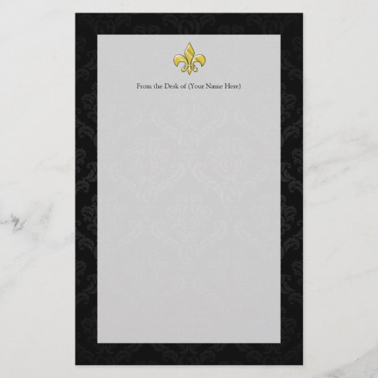 Black/Gold Damask Fleur de Lis Briefpapier (Voorkant)