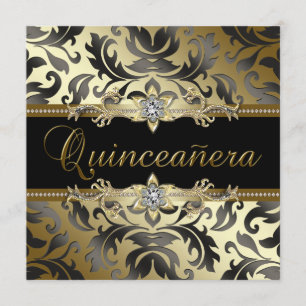 Black Gold Damask Quinceanera-uitnodigingen Kaart