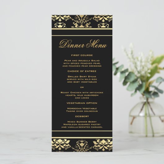 Black & Gold Damask Slim Dinner Menu (Debout devant)
