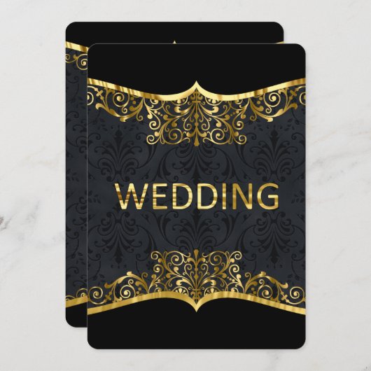 Black Gold Damask Wedding Elegant Invitation Front Kaart (Voorkant / Achterkant)