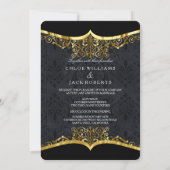 Black Gold Damask Wedding Elegant Invitation Front Kaart (Achterkant)