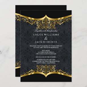 Black Gold Damask Wedding Uitnodiging