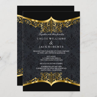 Black Gold Damask Wedding Uitnodiging