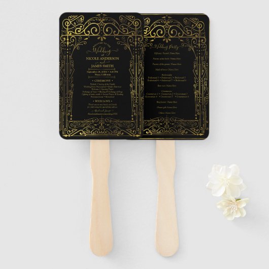 Black Gold Deco Chic Glam Wedding Program Handje F Handwaaier (Voorkant en achterkant)