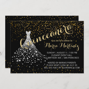 Black Gold Diamond Dress Quinceanera Invitation Kaart