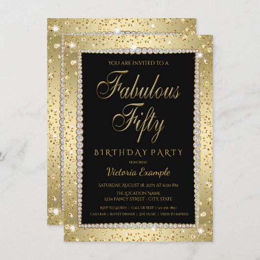 Black Gold Diamond Fabulous 50 Verjaardag Uitnodig Kaart (Voorkant / Achterkant)