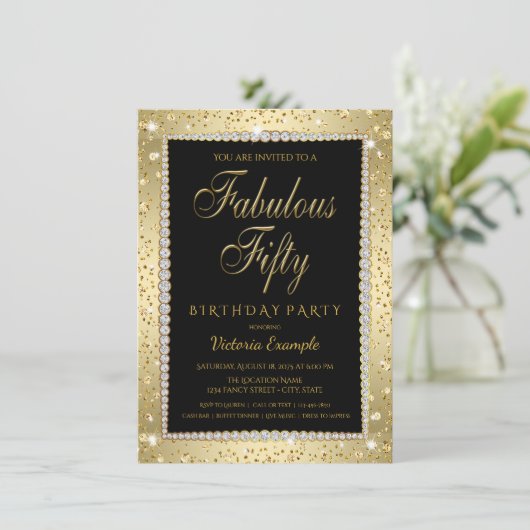 Black Gold Diamond Fabulous 50 Verjaardag Uitnodig Kaart (Staand voorkant)