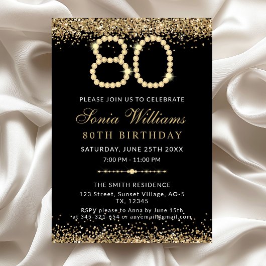 Black Gold Diamonds 80th Birthday Party Invitation