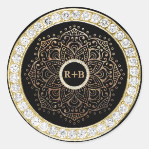 Black Gold Diamonds Mandala Boho Wedding Favor Ronde Sticker