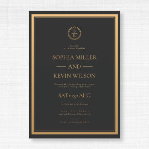 Black Gold Elegant Modern Monogrammed Wedding Kaart