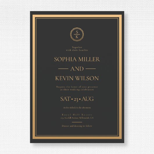 Black Gold Elegant Modern Monogrammed Wedding Kaart