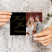 Black Gold Elegant Script Modern Photo Wedding Bedankkaart