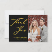Black Gold Elegant Script Modern Photo Wedding Bedankkaart (Voorkant)