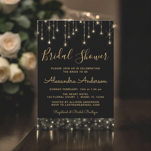 Black Gold Elegant String Lights Vrijgezellenfeest Kaart