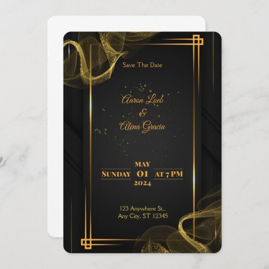 Black & Gold Elegant Wedding Invitation (Devant / Derrière)