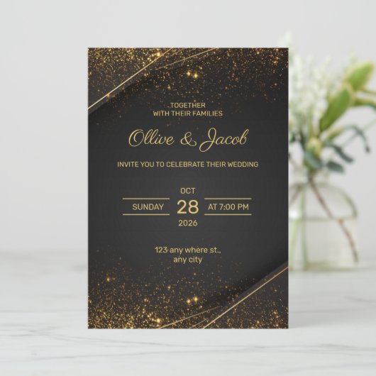 Black & Gold Elegant Wedding Invitation (Debout devant)