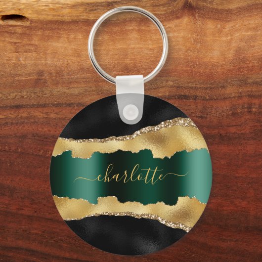 Black Gold emerald green agate marmer name script Sleutelhanger (Voorkant)