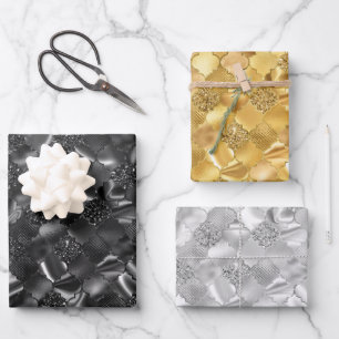 Black, Gold en Silver Moroccan Quatrefoil Inpakpapier Vel