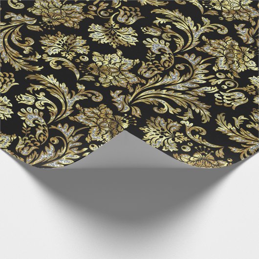 Black Gold en White Glitter Floral Damaskers Cadeaupapier (Hoek)