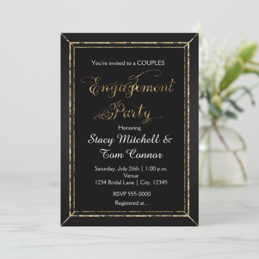 Black Gold Engagement Party Typografie Uitnodiging (Staand voorkant)