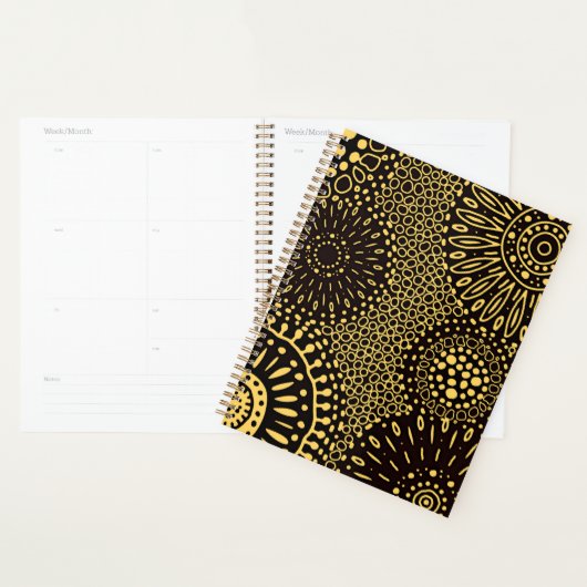 Black Gold Ethnic Floral Daily Planner Notebook (Devant avec enveloppe)