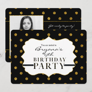 Black & Gold Faux Folie Polka Dots Photo Invitatio Kaart