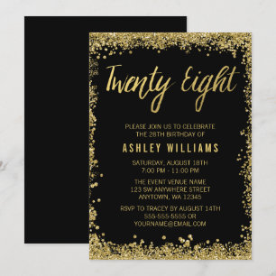 Black Gold Faux Glitter 28th Birthday Invitations Kaart