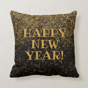 Black Gold Faux Glitter Confetti Happy Nieuwjaar Kussen