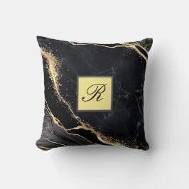 Black Gold Faux Marble Elegant Monogram Kussen