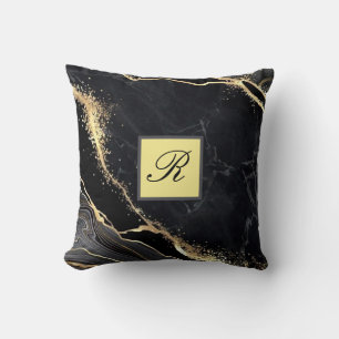 Black Gold Faux Marble Elegant Monogram Kussen