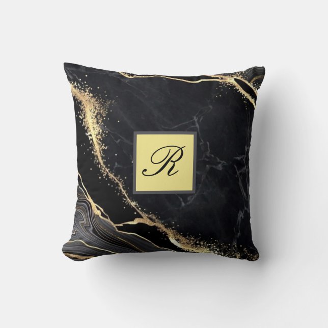 Black Gold Faux Marble  Elegant Monogram Kussen (Voorkant)