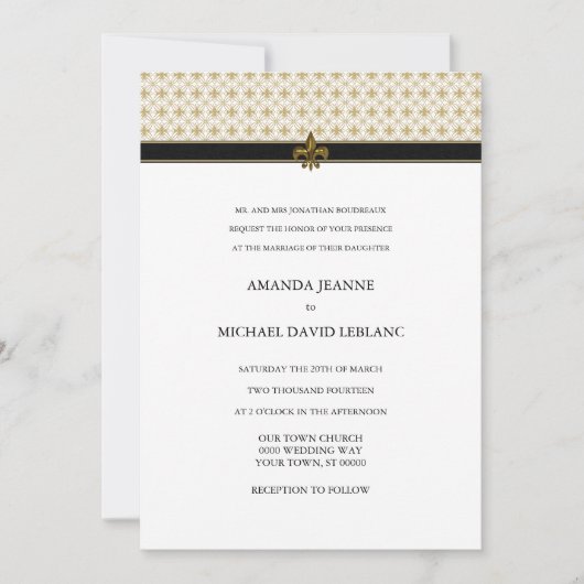 Black Gold Fleur de Lis Pattern Wedding Invitation Kaart (Voorkant)