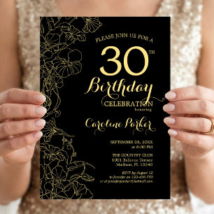 Black Gold Floral 30th Birthday Party Invitation
