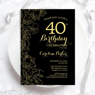 Black Gold Floral 40e Anniversaire Fête Invitation