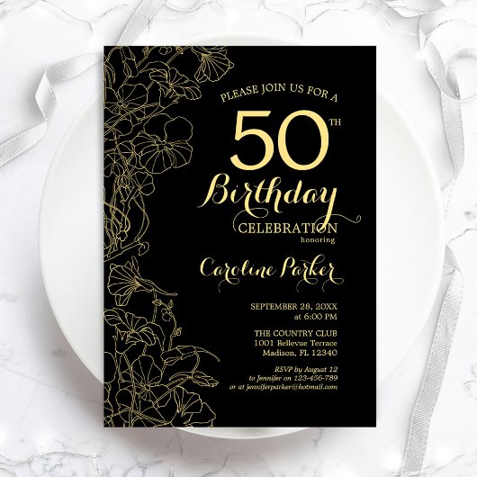 Black Gold Floral 50e Anniversaire Fête Invitation