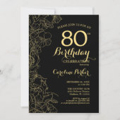 Black Gold Floral 80th Birthday Party Invitation (Devant)