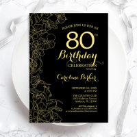 Black Gold Floral 80th Birthday Party Invitation