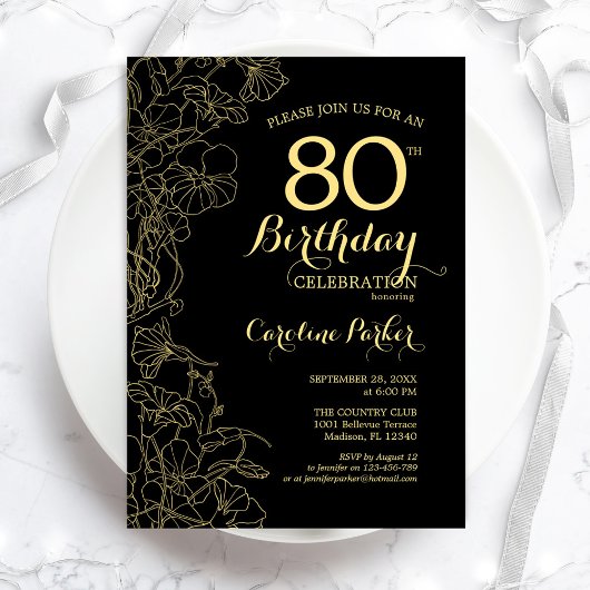 Black Gold Floral 80th Birthday Party Invitation