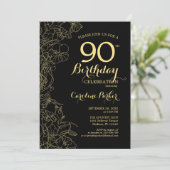 Black Gold Floral 90e verjaardag Kaart (Staand voorkant)